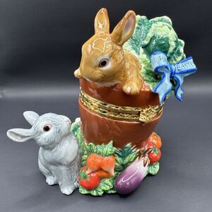 Happy Easter Trinket Jewelry Box 2 Bunny Rabbits  Spring Vegetables 6X5 CWC